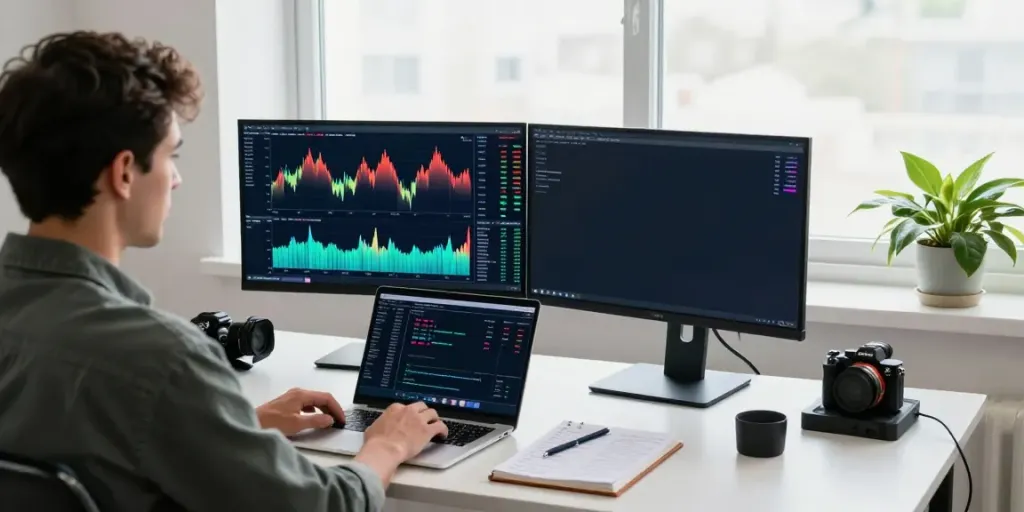 Trader utilizing TradingView on dual monitors in a modern workspace