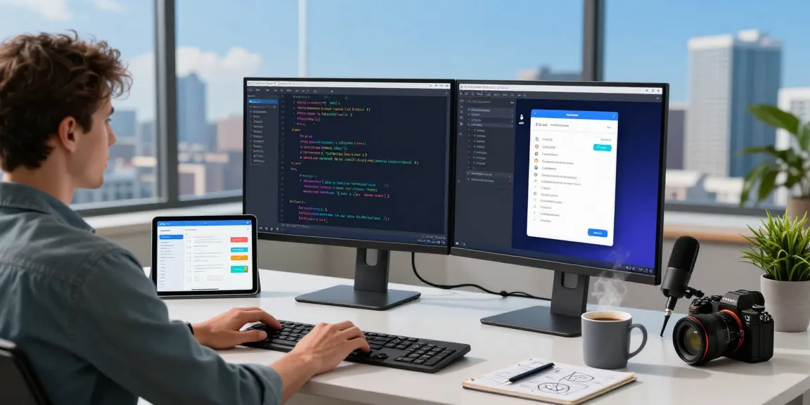 Engaging workspace showcasing telegraimin.com development environment with dual screens and coding tools.