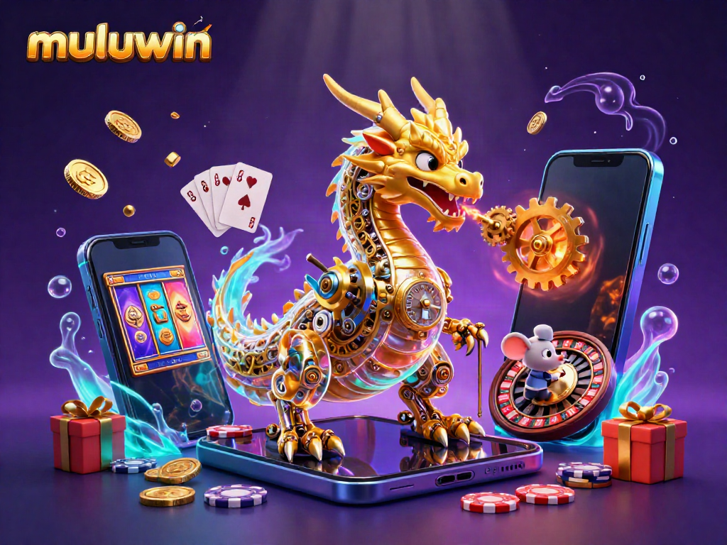 Engage with the ultimate muluwin experience in this rich 3D scene featuring a golden dragon and gaming elements.
