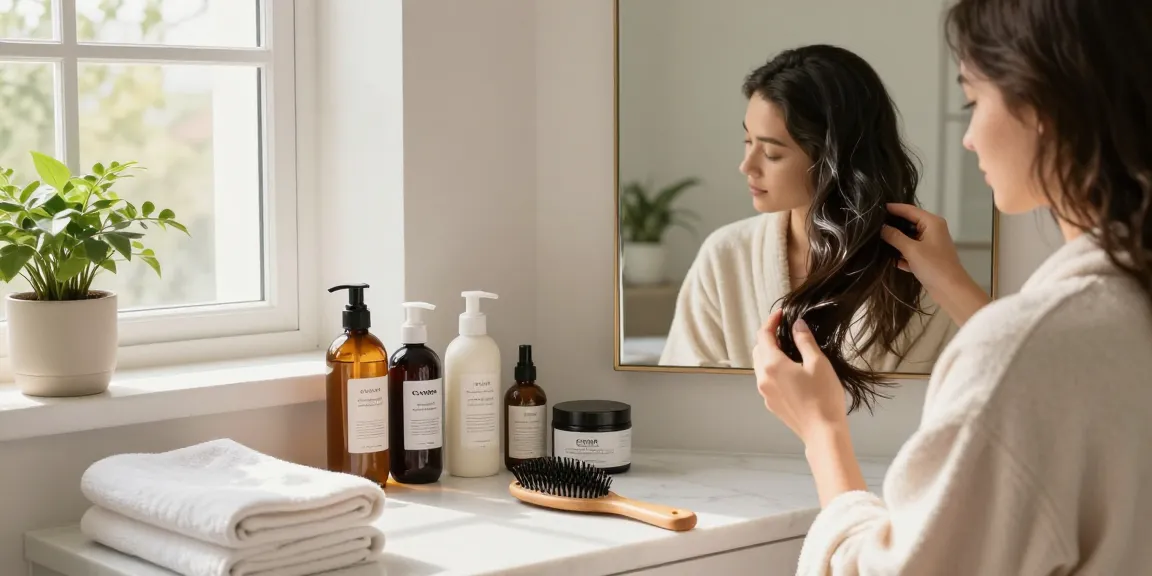 Woman applying روتين العناية بالشعر mask in bright bathroom with hair products.