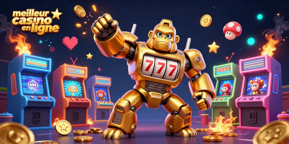 Le meilleur casino en ligne : illustration 3D dynamique d'un gorille robot créant un jackpot, entouré de jeux d'arcade.