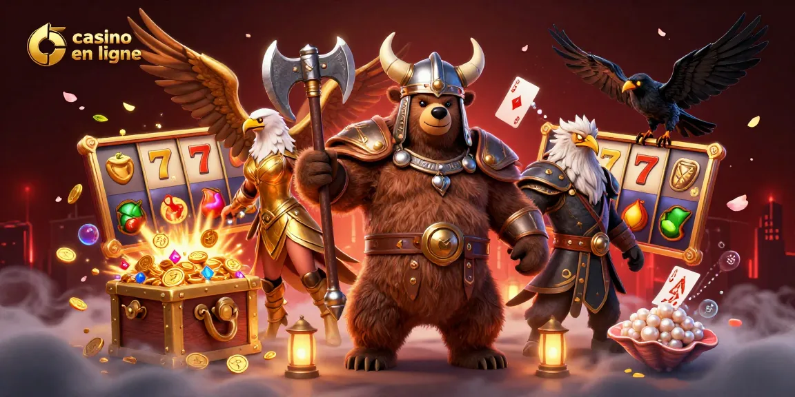 Plongez dans l'univers du casino en ligne avec un ours viking et une aigle valkyrie dans une scène dynamique.