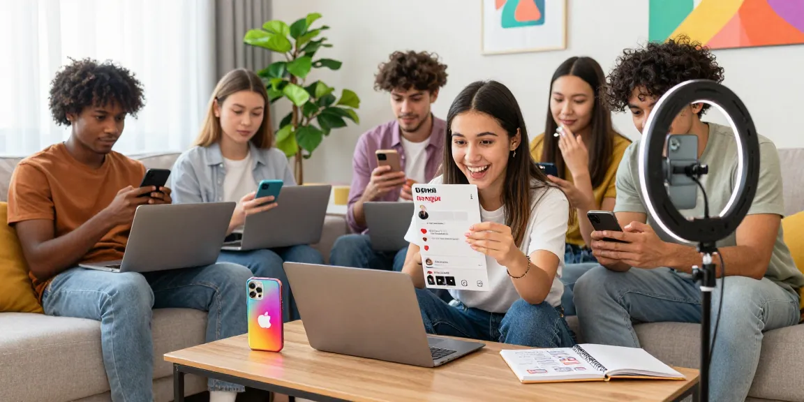 Group of young adults discussing how to buy Instagram likes instantly in a stylish living room setting.