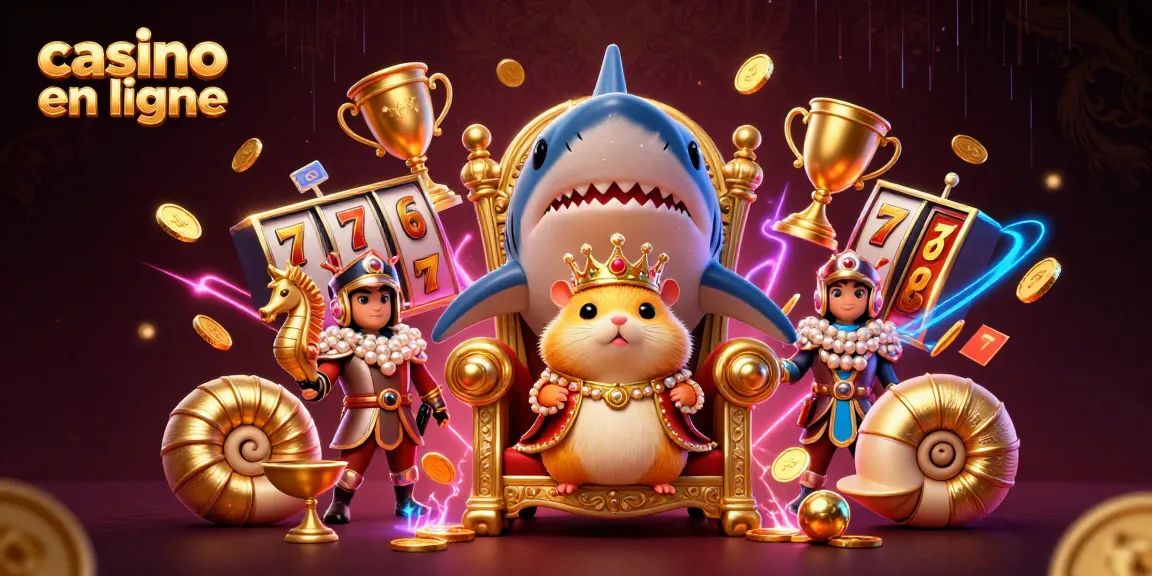 Jouez au casino en ligne avec des éléments de jeu colorés et dynamiques autour d'un hamster roi sur un trône de dents de requin.