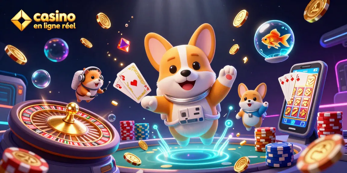 Le corgi astronaute découvre le casino en ligne argent réel avec des jetons et des pièces dorées flottants.