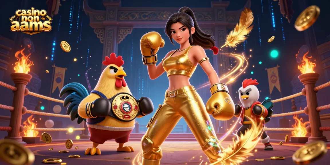 Interagisci con casinò non AAMS attraverso un'epica illustrazione 3D a tema pugilato che mostra una forte combattente femminile e un gallo da campionato.