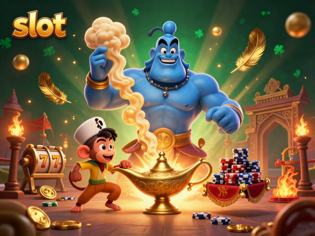 Enjoy slot gaming adventures with a vibrant genie, monkey, and poker chips in this dynamic illustration.