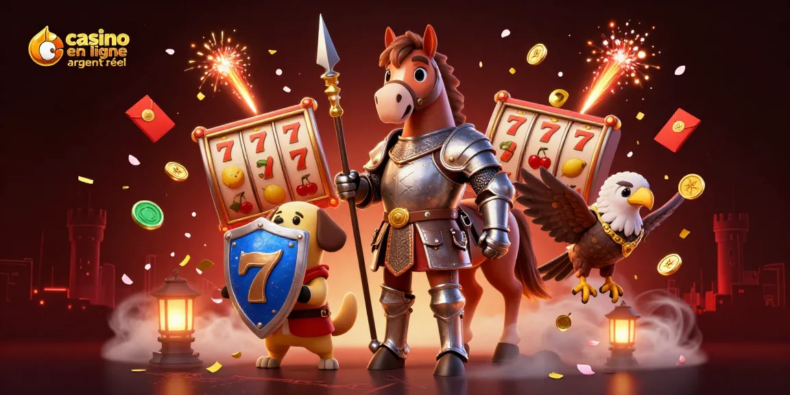 Jouez des jeux de casino en ligne argent réel avec un chevalier, un chiot, et un faucon dans un décor dynamique.
